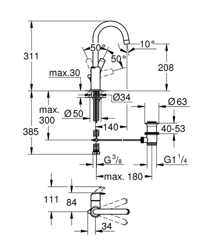 GROHE EUROSMART umývadlová stojanková batéria, s odtokovou súpravou, chróm 23537002 Technický nákres