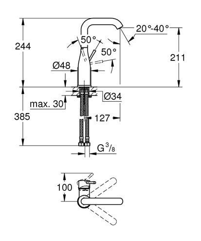 GROHE ESSENCE umývadlová stojanková batéria, chróm 23541001 Technický nákres