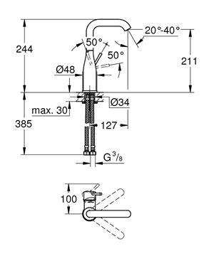GROHE ESSENCE umývadlová stojanková batéria, chróm 23541001 Technický nákres