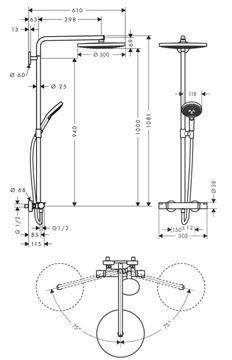 HANSGROHE RAINDANCE SELECT S SHOWEPIPE 300 sprchový set s termostatickou batériou, horná sprcha, ručná sprcha s 3 prúdmi, tyč, hadica, biela/chróm 27133400 Technický nákres