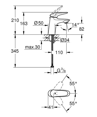 GROHE EUROSTYLE umývadlová stojanková batéria, chróm 23715003 Technický nákres