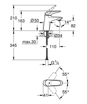 GROHE EUROSTYLE umývadlová stojanková batéria, chróm 23715003 Technický nákres