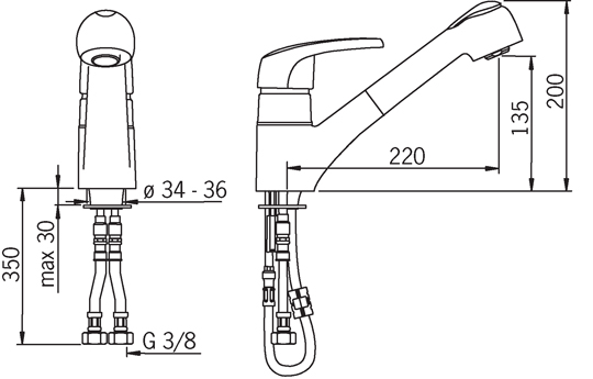 ORAS SAFIRA dřezová baterie 220mm, DN15 páková, stojánková, vytahovací sprška, chrom 1032F Technický nákres