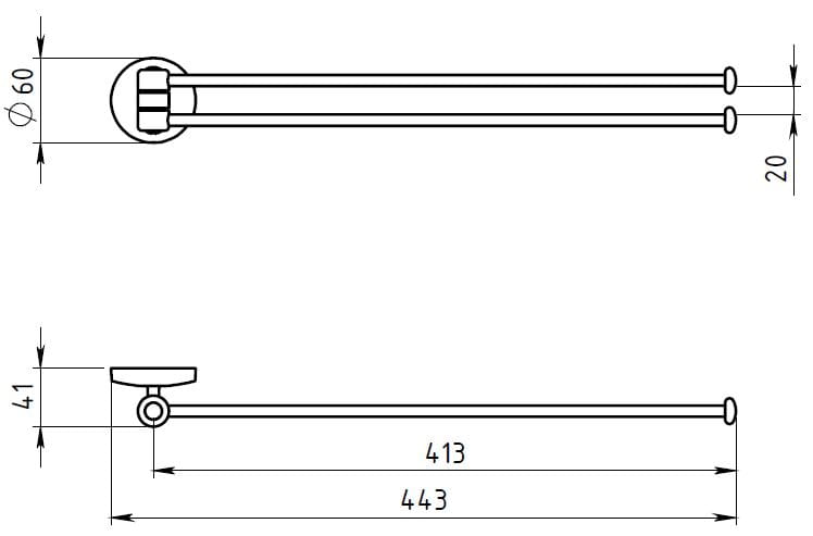 NOVASERVIS METALIA 1 držiak uterákov 413 mm, dvojramenný, otočný, chróm 6129,0 Technický nákres