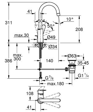 GROHE BAUEDGE umývadlová stojanková batéria, s odtokovou súpravou, chróm 23760001 Technický nákres
