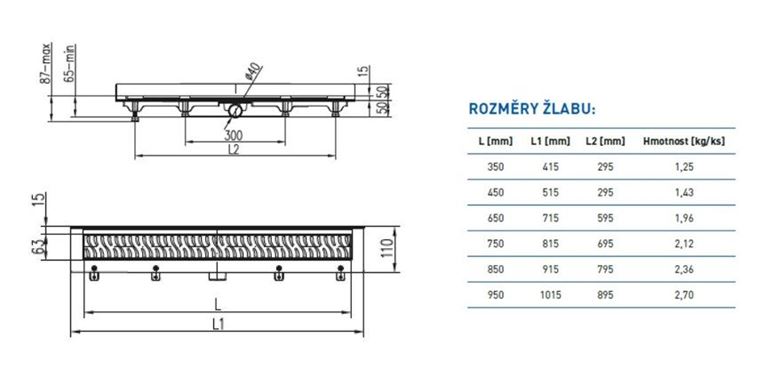 CHUDĚJ sprchový žľab 850 mm, k stene, bočný odtok DN 40, rošt HARMONY, plast/matná nerez oceľ CH 850 HN 3 Technický nákres