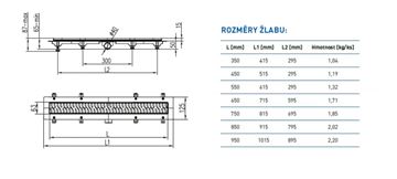 EASY sprchový žľab 850 mm, do priestoru, bočný odtok D 40, rošt HARMONY, plast/nerez oceľ lesk EPZ20-PN-850 Technický nákres