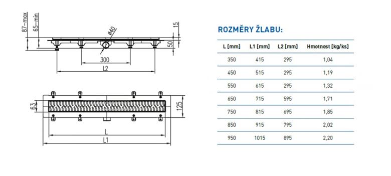 EASY sprchový žľab 850 mm, do priestoru, bočný odtok D 40, rošt HARMONY, plast/nerez oceľ lesk EPZ20-PN-850 Technický nákres