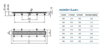 CHUDĚJ sprchový žľab 850 mm, do priestoru, bočný odtok DN 40, rošt SQUARE, plast/matná nerez oceľ CH 850 S 1 Technický nákres