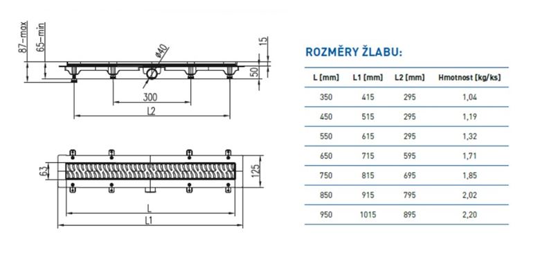 CHUDĚJ sprchový žľab 750 mm, do priestoru, bočný odtok DN 40, rošt MEDIUM, plast, lesklá nerez oceľ CH 750 M Technický nákres