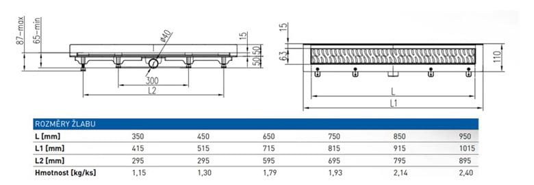 EASY sprchový žľab 750 mm, k stene, bočný odtok D 40, rošt HARMONY, plast/nerez oceľ lesk EPZ20-ZN-750 Technický nákres