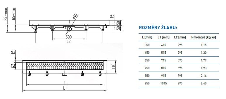 CHUDĚJ sprchový žľab 750 mm, k stene, bočný odtok DN 40, rošt KLASIK / FLOOR, plast / matná nerez oceľ CH 750 K 3 Technický nákres