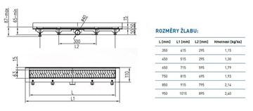 CHUDĚJ sprchový žľab 850 mm, k stene, bočný odtok DN 40, rošt SQUARE, plast/lesklá nerez oceľ CH 850 S 2 Technický nákres