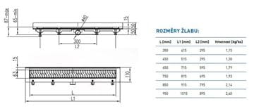 CHUDĚJ sprchový žľab 750 mm, k stene, bočný odtok DN 40, rošt MEDIUM, plast / matná nerez oceľ CH 750 M 3 Technický nákres