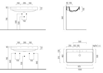 CONCEPT 300 umývadlo 100 cm, bez otvoru pre batériu, s prepadom, Cataglaze 100CO300NOH Technický nákres