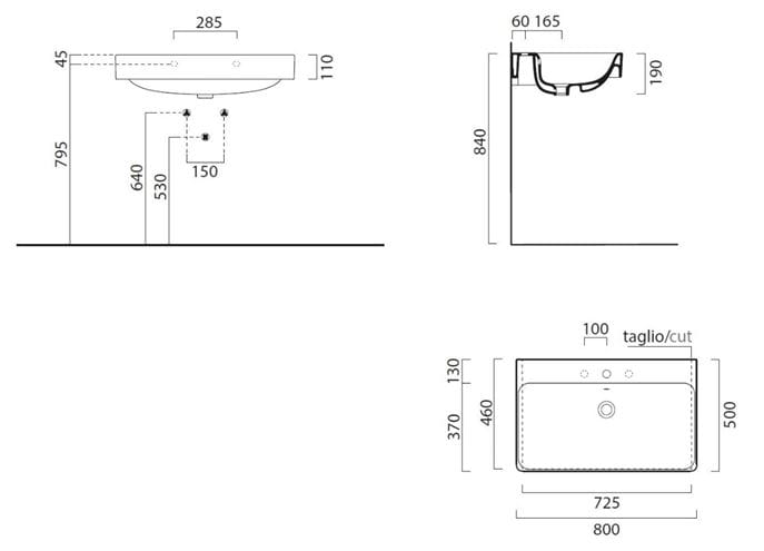 CONCEPT 300 umývadlo 80 cm, bez otvoru pre batériu, s prepadom, Cataglaze 80CO300NOH Technický nákres