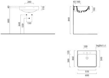CONCEPT 300 umývadlo 60 cm, s 1 otvorom pre batériu a prepadom, Cataglaze  60CO300N Technický nákres