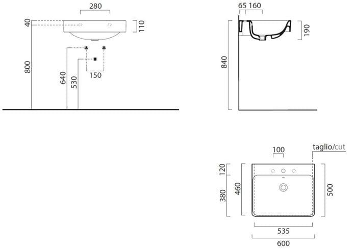 CONCEPT 300 umývadlo 60 cm, s 1 otvorom pre batériu a prepadom, Cataglaze  60CO300N Technický nákres