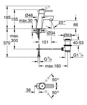 GROHE CONCETTO umývadlová stojanková batéria, s odtokovou súpravou, chróm 32204001 Technický nákres