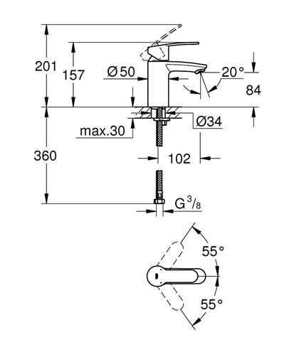 GROHE EUROSTYLE COSMOPOLITAN umývadlová stojanková batéria, chróm 3246820E Technický nákres
