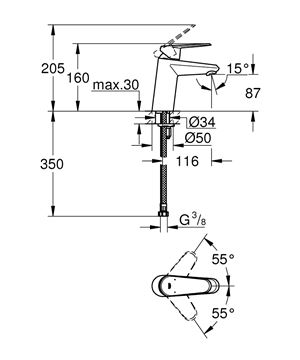 GROHE EURODISC COSMOPOLITAN S umývadlová stojanková batéria, chróm 3246920E Technický nákres