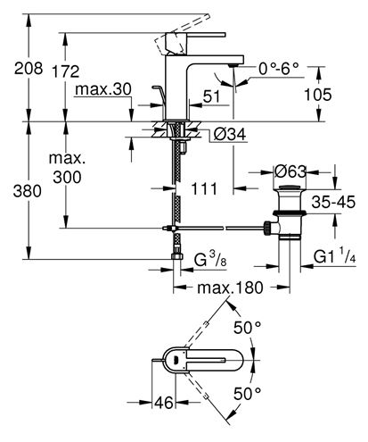 GROHE PLUS umývadlová stojanková batéria, s odtokovou súpravou, chróm 32612003 Technický nákres