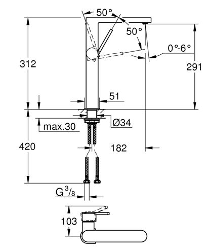 GROHE PLUS umývadlová stojanková batéria, chróm 32618003 Technický nákres