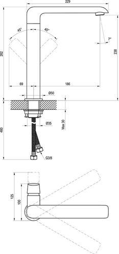 RAVAK FLAT umývadlová/drezová stojanková batéria, chróm X070125 Technický nákres