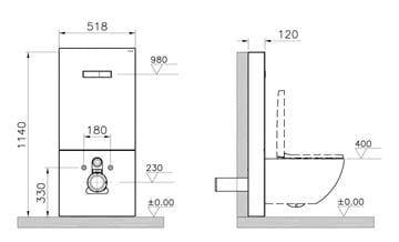 VITRA VITRUS sanitárny modul pre WC 114 cm, sklo, čierna 770-5761-01 Technický nákres
