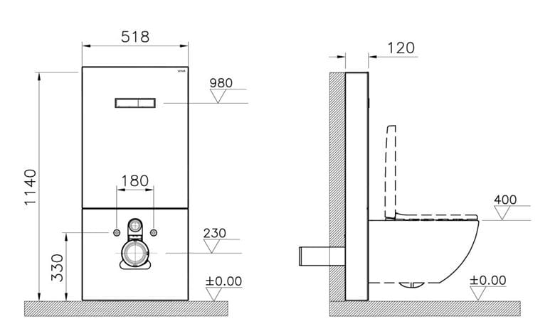 VITRA VITRUS sanitárny modul pre WC 114 cm, sklo, čierna 770-5761-01 Technický nákres