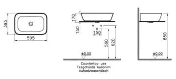 VITRA GEO umývadlová misa 59,5 cm, bez prepadu, brúsená, VitrAhygiene, matná šedá 7425B020-0016 Technický nákres