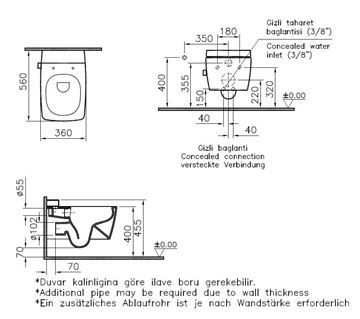VITRA METROPOLE sprchovacie WC so sedadlom, Rimless 7672B003-1687 Technický nákres