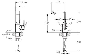 VITRA ROOT SQUARE umývadlová stojanková batéria, lesklá čierna A4261639 Technický nákres