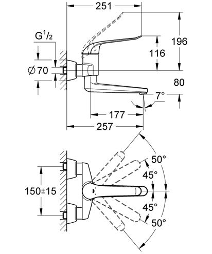 GROHE EUROECO SPECIAL umývadlová nástenná batéria, chróm 32773000 Technický nákres