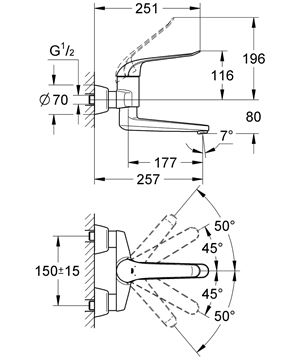 GROHE EUROECO SPECIAL umývadlová nástenná batéria, chróm 32773000 Technický nákres