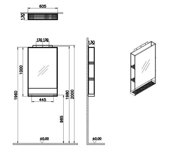 VITRA ARCHIPLAN zrkadlo 60,5x100 cm, s 3 poličkami 66609 Technický nákres