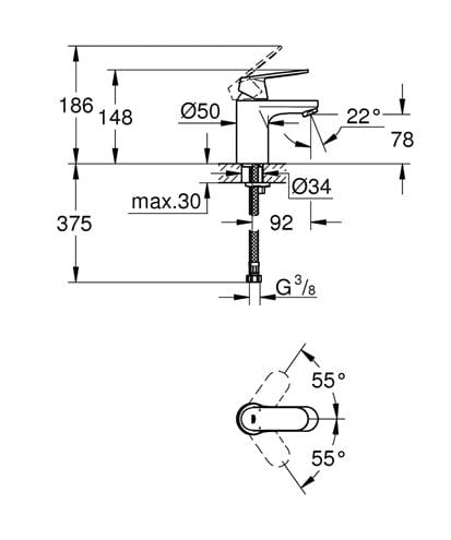 GROHE EUROSMART COSMOPOLITAN umývadlová stojanková batéria, chróm 32824000 Technický nákres