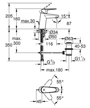 GROHE EURODISC COSMOPOLITAN umývadlová stojanková batéria, s odtokovou súpravou, chróm 3319020E Technický nákres