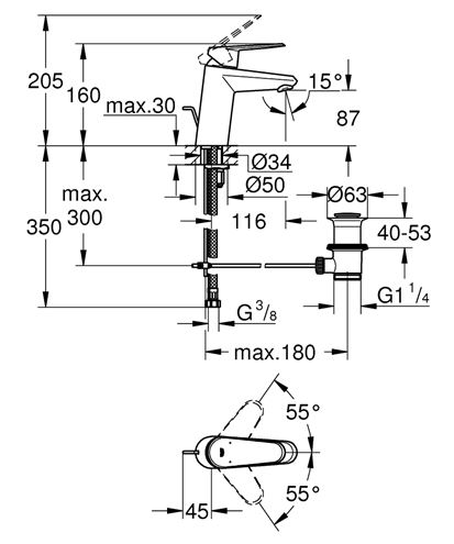 GROHE EURODISC COSMOPOLITAN umývadlová stojanková batéria, s odtokovou súpravou, chróm 3319020E Technický nákres