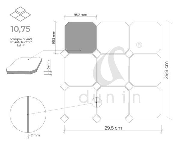 DUNIN ARABESCO mozaika 29,8x29,8(9,52x9,52)cm, mat, black white OCTAGON WHITE 95 mat Technický nákres