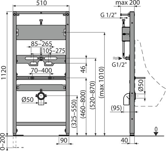 ALCA montážny rám pre pisoár 112 cm A107S/1120 Technický nákres