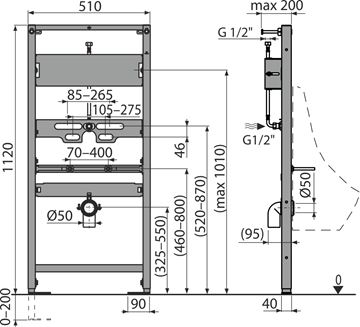 ALCA montážny rám pre pisoár 112 cm A107S/1120 Technický nákres
