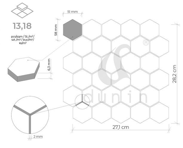 DUNIN HEXAGONIC mozaika 27,1x28,2(5,1x5,8)cm, mat, white HEX. WHITE 51 mat Technický nákres