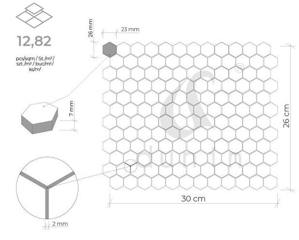 DUNIN HEXAGONIC mozaika 30x26(2,3x2,6)cm, lesk, white black nano MINI HEX. B&W NANO Technický nákres