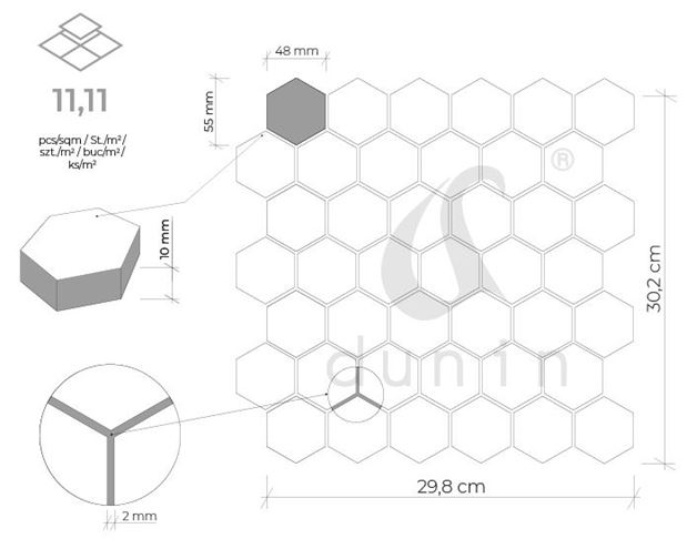 DUNIN WOODSTONE mozaika 29,8x30,2(4,8x5,5)cm, lesk, grey WS GREY HEXAGON 48 Technický nákres