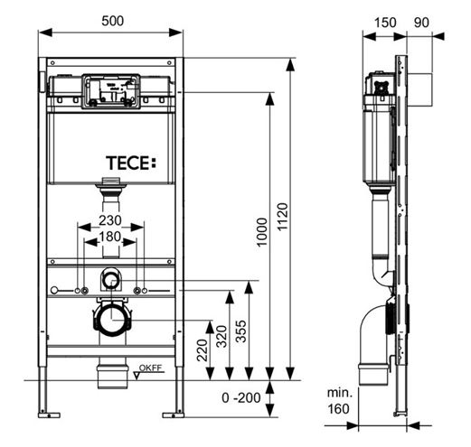 TECE PROFIL montážny prvok pre WC 112 cm, so splachovacou nádržkou Uni 9300345 Technický nákres