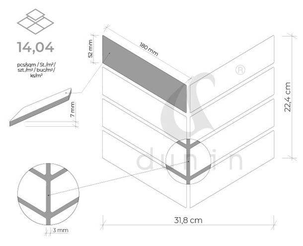 DUNIN ROYAL mozaika 31,8x22,4(18x5,2)cm, mat, black R. CHEV. BLACK mat Technický nákres