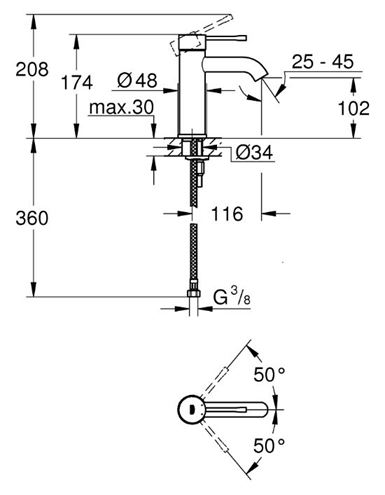 GROHE ESSENCE NEW umývadlová stojanková batéria, phantom black 24172KF1 Technický nákres