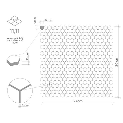DUNIN METALLIC mozaika 30x30(1,4x1,6)cm, silver AL. SILVER HEX. 14 Technický nákres