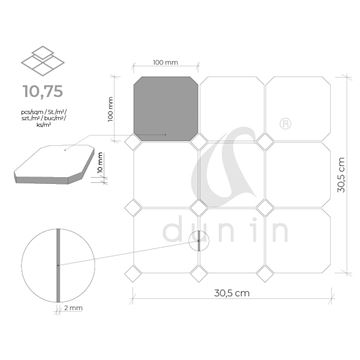 DUNIN BLACK & WHITE mozaika 30,5x30,5(10x10, 2x2)cm, lesk, white/black PURE B&W OCTAGON 100 Technický nákres